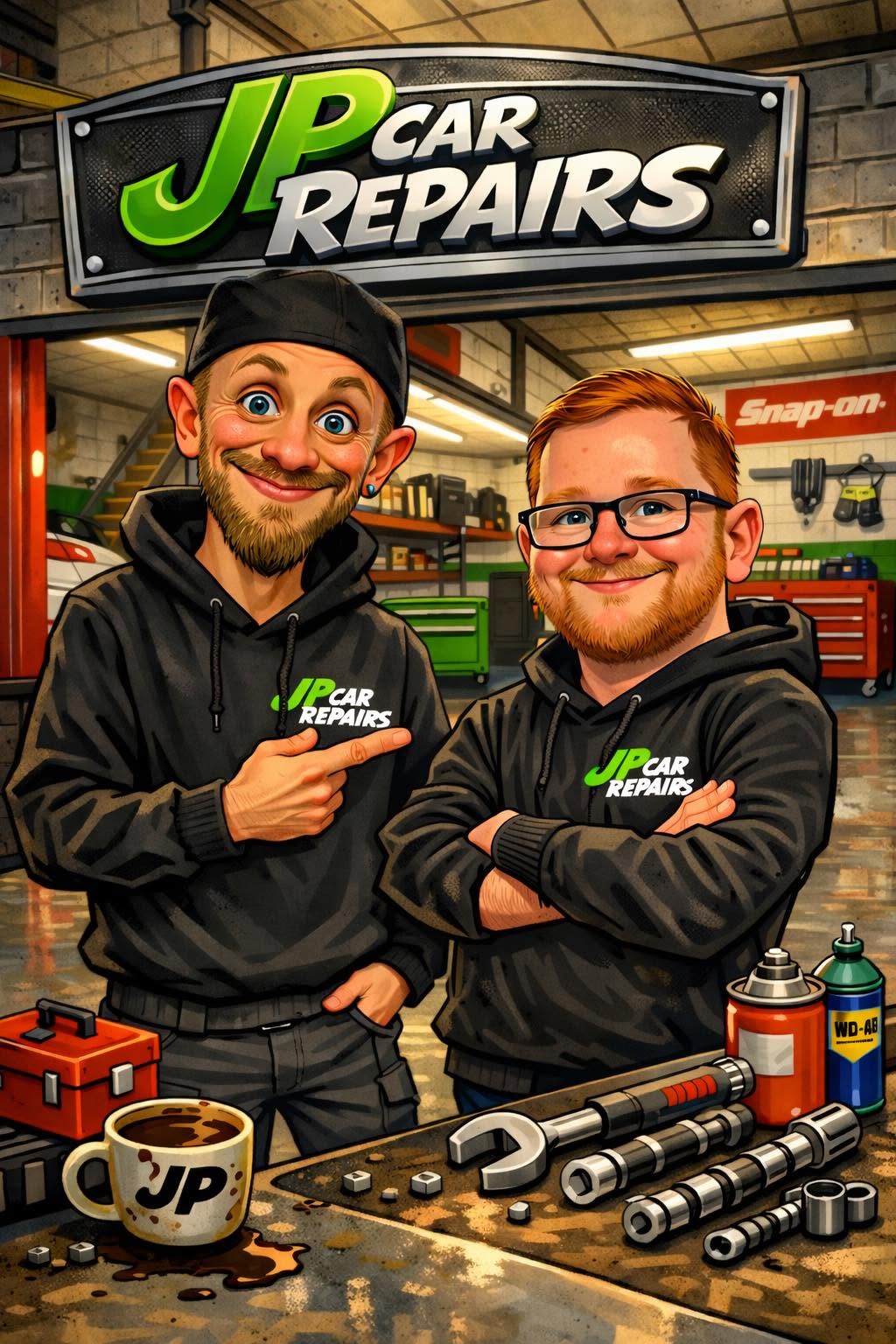 The JP Car Repairs team in the Penryn workshop